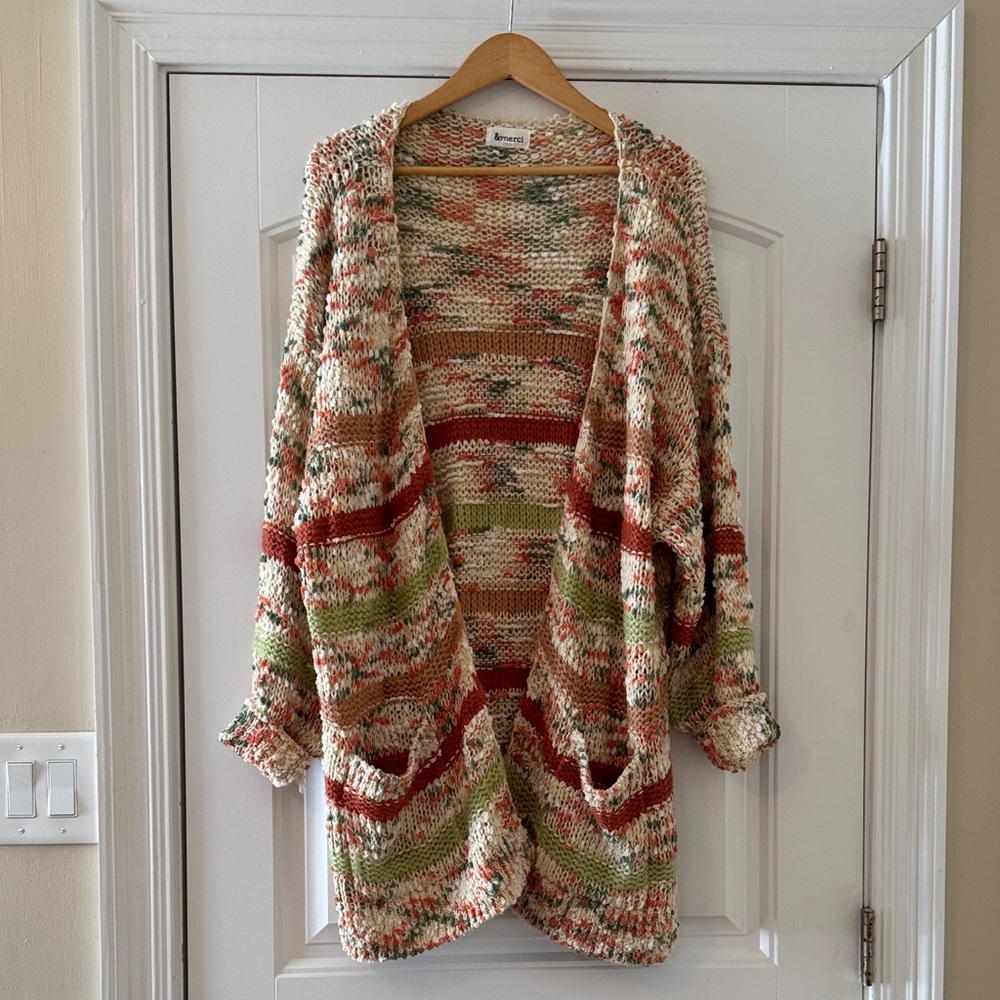 &merci Multicolor Chunky Knit Open-Front Cardigan - Soft Cozy with Pockets